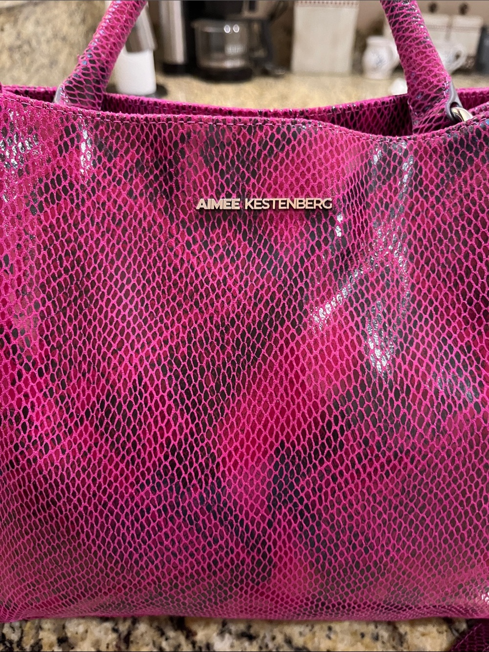Aimee Kestenberg French leather pink snake print convertible handbag 9.75X13.5 - Picture 6 of 6